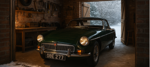Classic Car Winter Prep - an MG sat in a garage with the doors open showing snow in the background