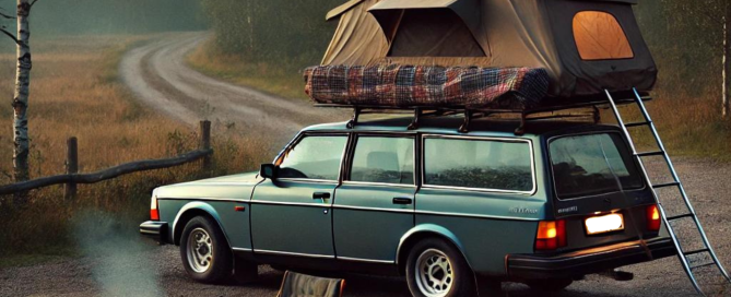 classic volvo estate with a rooftop tent atop it parked in a nature reserve with trees in the background