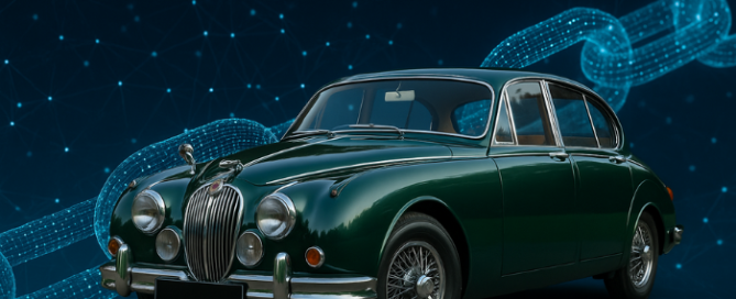 Classic Car Authenticity - a British racing green mk10 jag with a representation of a chain in digitalised