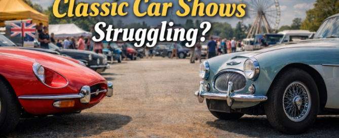 Are Classic Car Shows Struggling? A Jaguar E-Type and Austin Healey sit in the foreground, behind them is a classic car show, many people, a ferris wheel and other cars